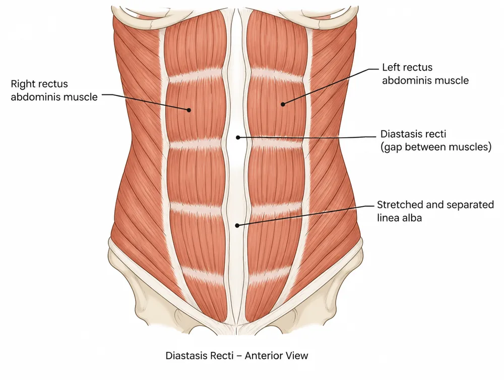Anatomical diagram of diastasis recti, showing the rectus abdominis muscles and the stretched, separated linea alba between them