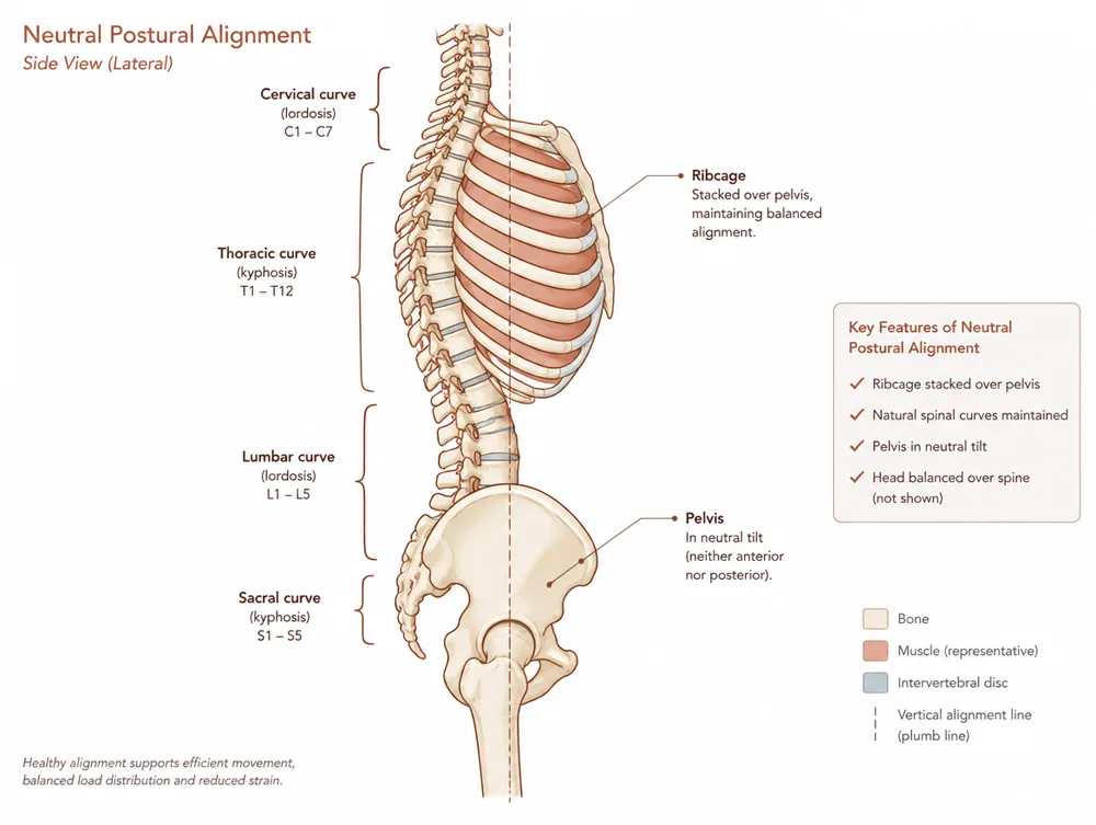 Anatomical diagram of neutral postural alignment, showing the ribcage stacked over the pelvis and the spine's natural curves